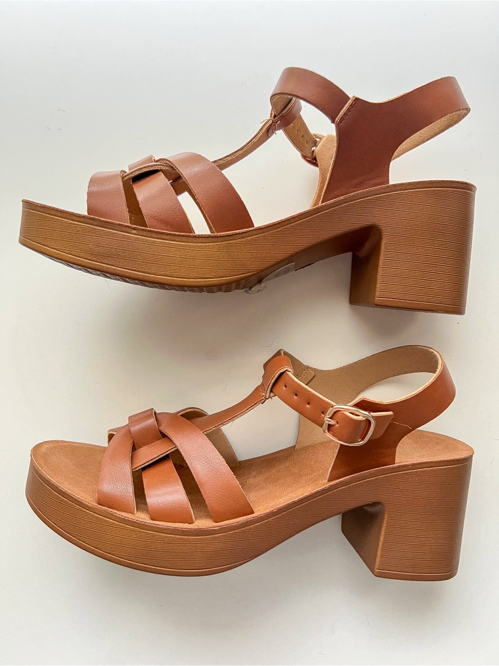 MIA Girl Faux Leather T-Strap Platform Chunky Heel Sandals - Tan, Size 6.5 - Picture 9 of 9